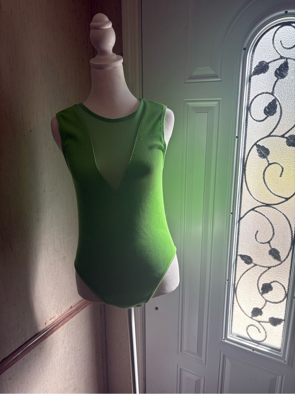 Love Tree Bright Green Ribbed V-Neck Sleeveless Bodysuit